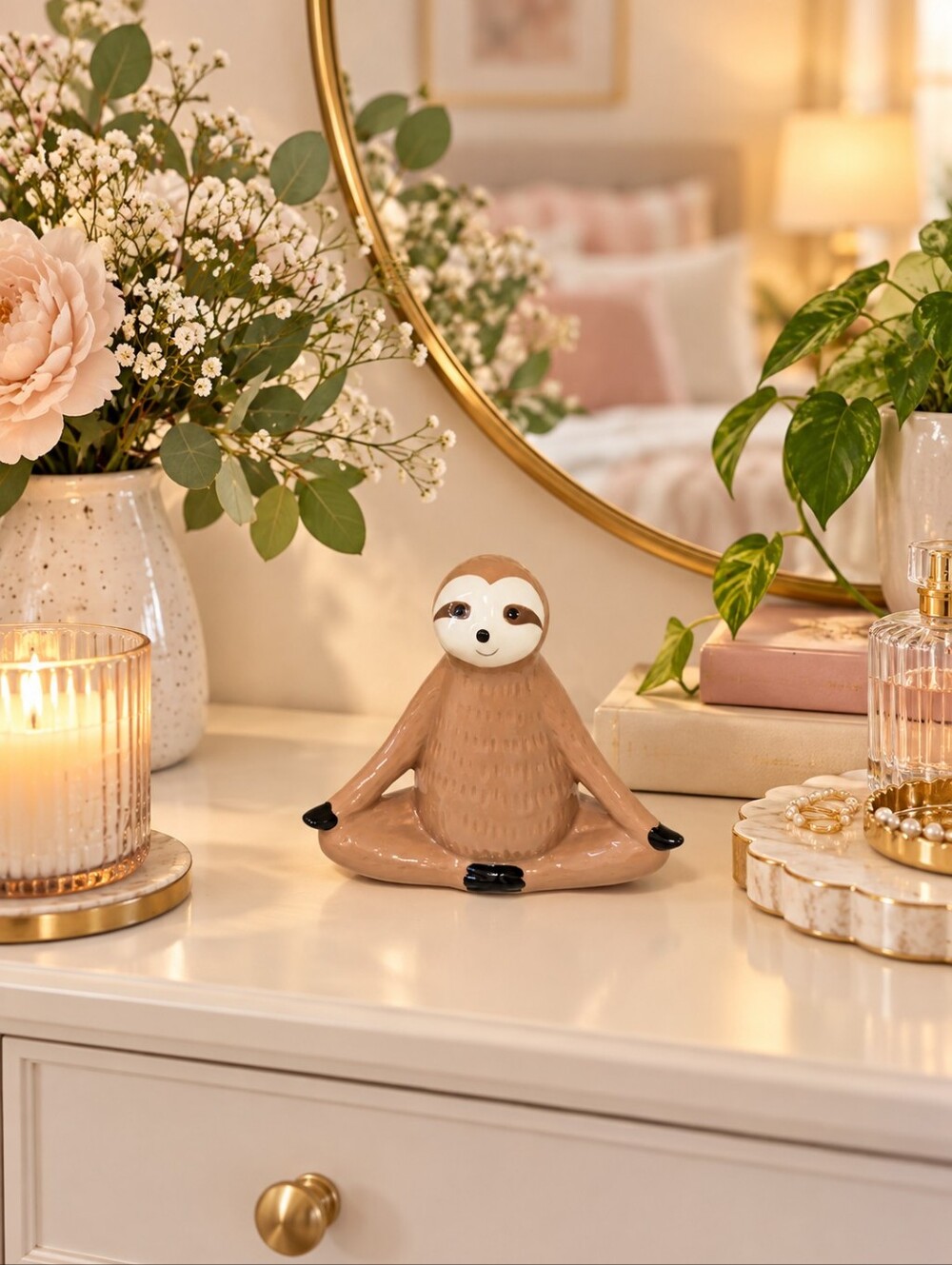 Cute ceramic sloth figurine relaxed meditation position crossed Legs Decor